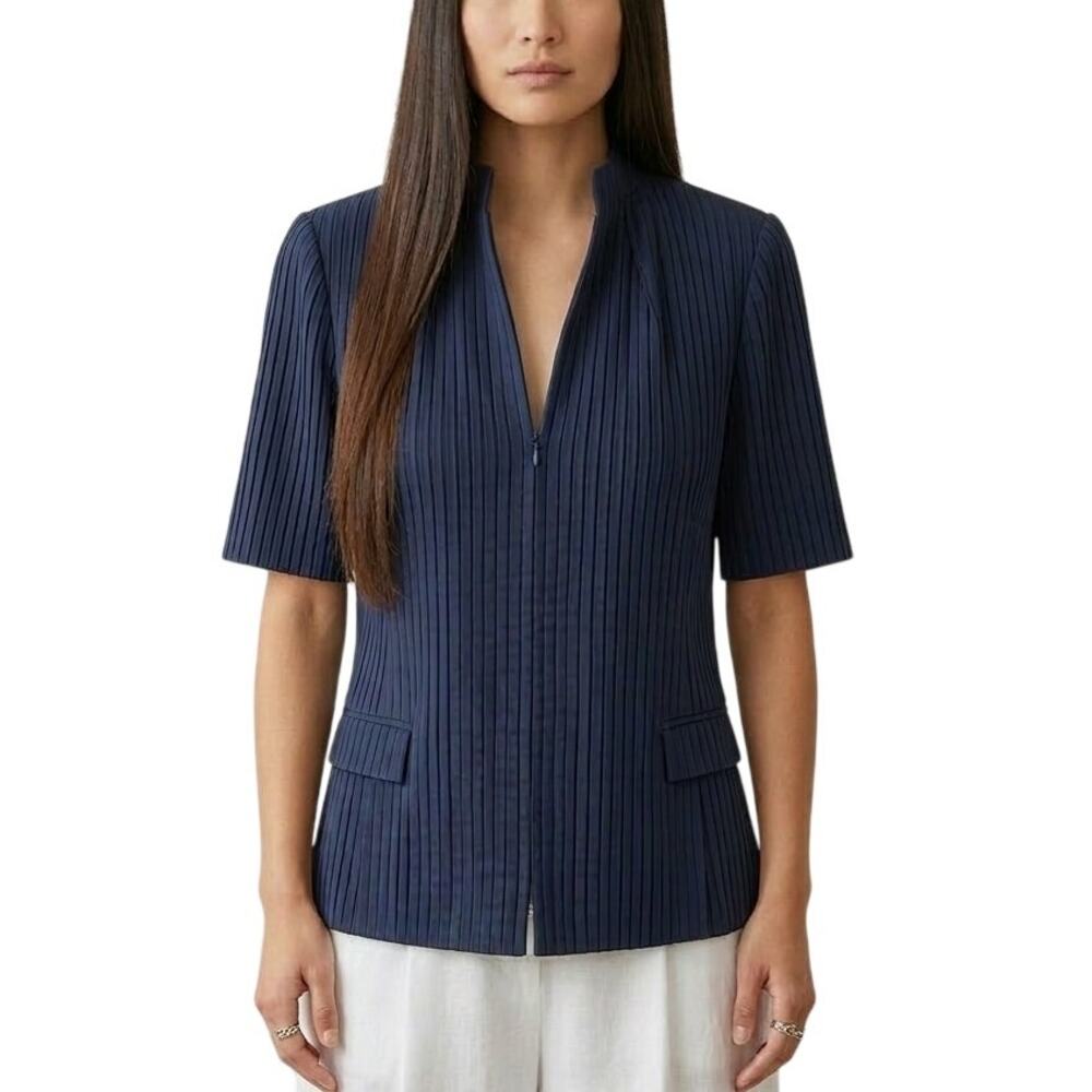 AKRIS Navy Blue Fine Pleat Short Sleeve Blazer Zip Front Jacket Size 16